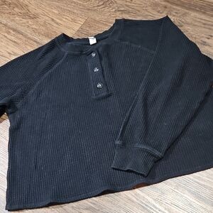 Old Navy Black Plush Tee Waffle Henley, Size Large